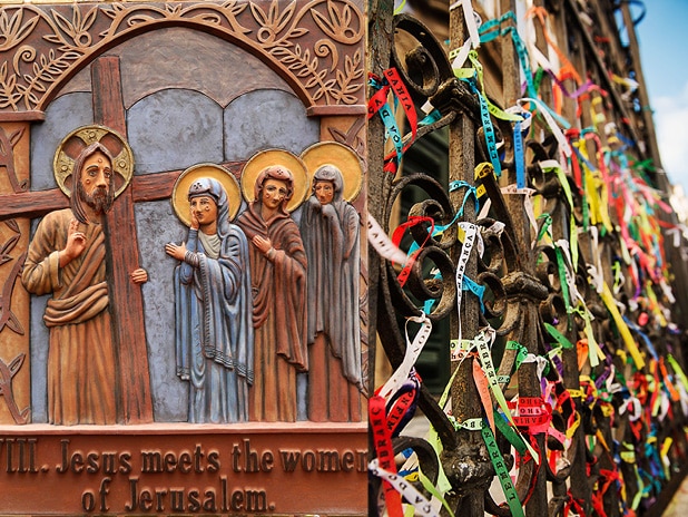 Stations of the Cross (closeup image) and prayer ribbons affixed to a gate