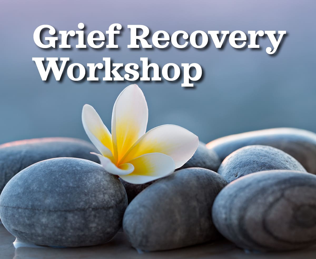 Grief Recovery Workshop header (with plumeria flower & grey stones artwork)