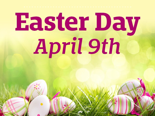 Easter Day • April 9th • with artwork of Easter eggs on a grassy field