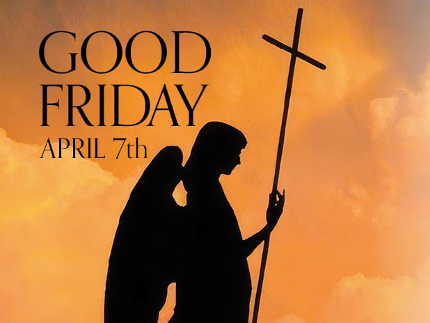 Good Friday • April 7th • with artwork of angel holding a cross against a sunset background