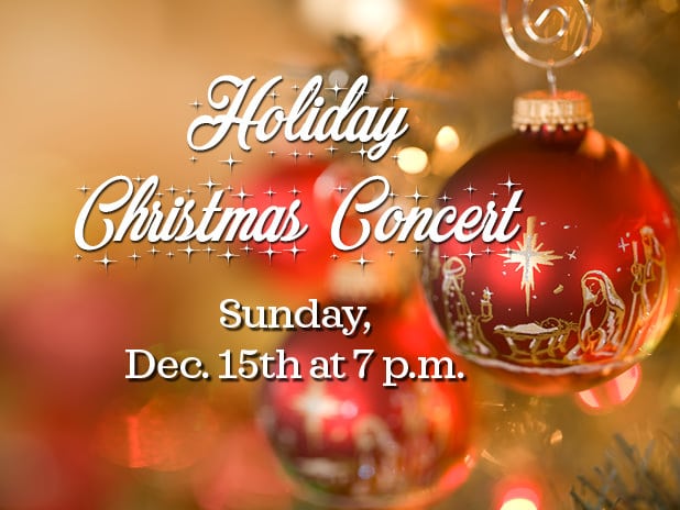 St. James’ Holiday Christmas Concert 2024 header (photo of Christmas ornaments on tree)—Sunday, Dec. 15th at 7 p.m.