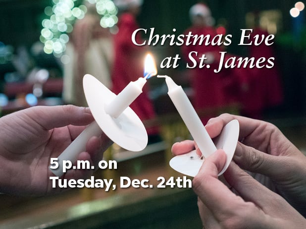 Christmas Eve 2024 at St. James (photo of 2 candles being lighted during the Christmas Eve service)