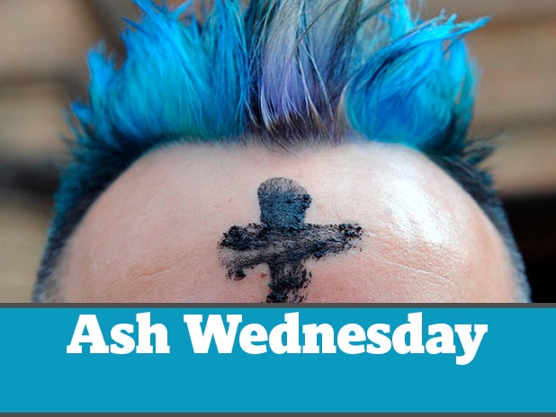 Ash Wednesday photo graphic (person with ashes on forehead with blue hair)