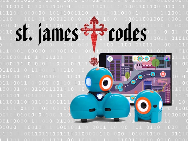 St. James Codes logo with Dash and Dot, the robot mascots