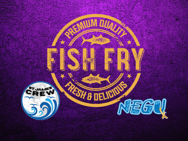 Join us at our fish fry on March 28th where our CREW youth will be helping NEGU, which helps kdis with cancer (Fish fry, CREW, and NEGU logos)