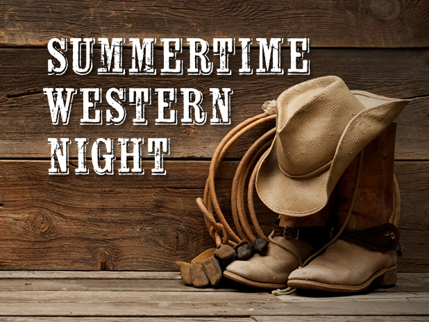 Summertime Western Night website header (with photo of cowboy boots in the bottom right-hand corner)