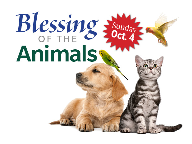 Blessing of the Animals 2026—Oct. 4, 2026 (with photo of a dog, cat, and two birds)