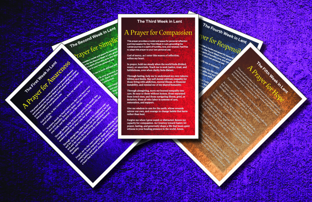 2026 Lenten Prayer Cards, splayed out on a purple background