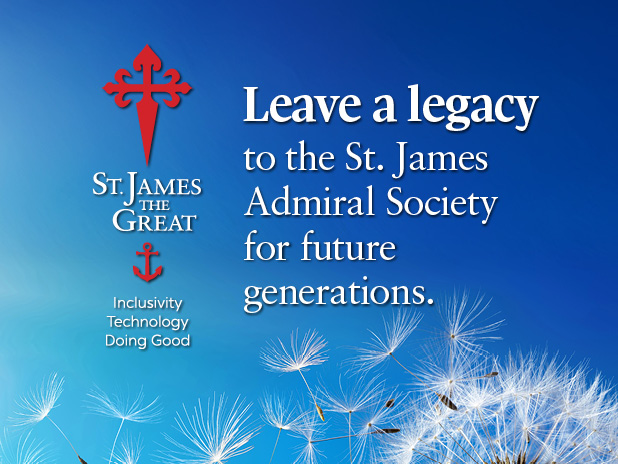 The St. James Admiral Society (legacy giving) header for blog post (logo against a blue sky background with dandelion seed pods in the lower RH corner)