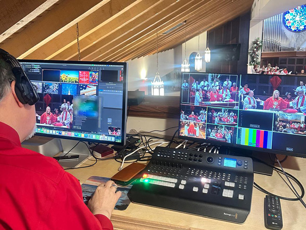 Kent directing the livestream at St. James the Great