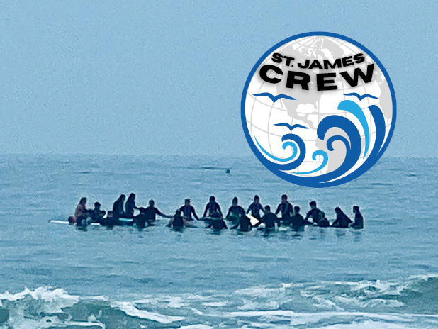 Welcome to St. James CREW (photo of CREW surfers with the St. James CREW logo)